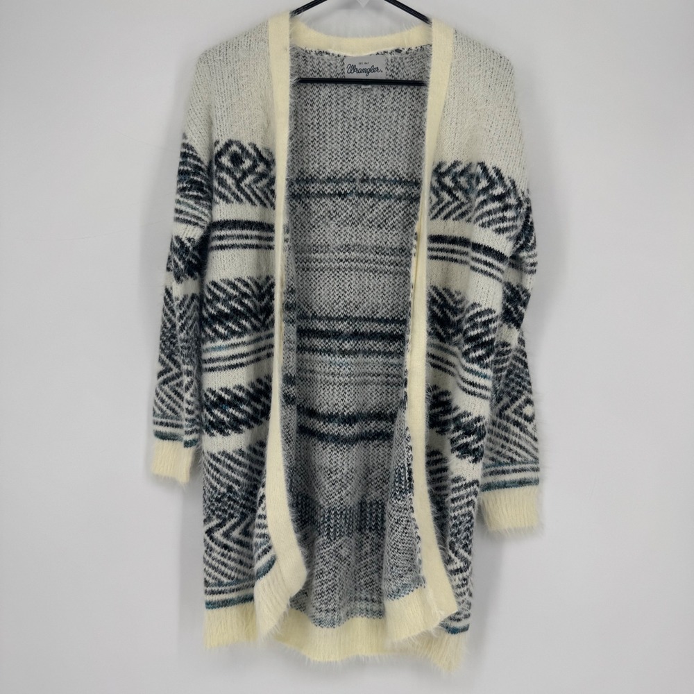 Wrangler Fuzzy Knit Tribal Cardigan Sweater‎ Open Front Cream Black M